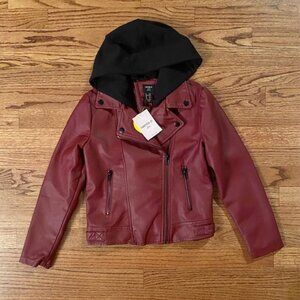 FOREVER 21: GIRLS DEEP RED, HOODED 'MOTO' JACKET-SIZE 9/10 *BRAND NEW WITH TAGS*